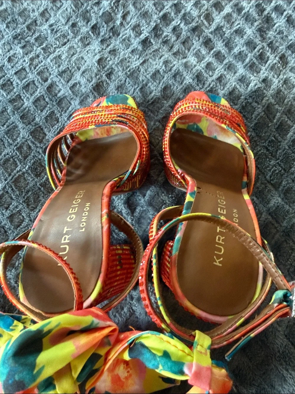 Kurt Geiger Red Multicolor Floral Platform Sandals with Floral Ties